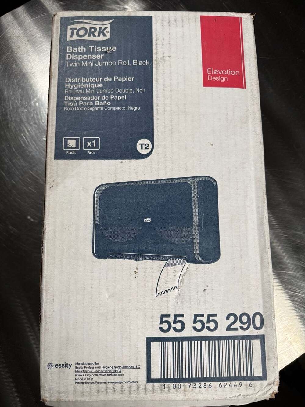 Tork 5555290 Elevation Design Twin Mini Jumbo Roll Bath Tissue Dispenser, Black